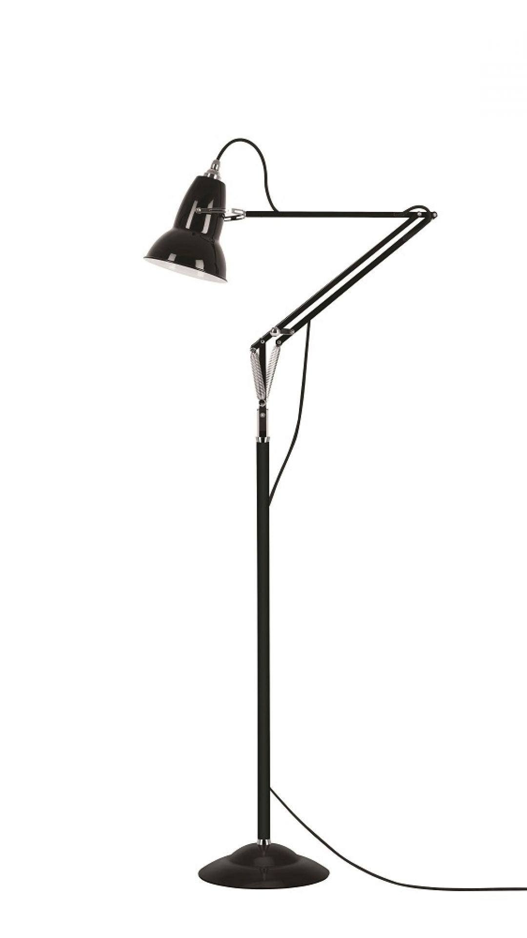 Schwarze Anglepoise Original 1227 Stehleuchte mit verstellbarem Arm und Lampenschirm für Wohnzimmer und Büro.